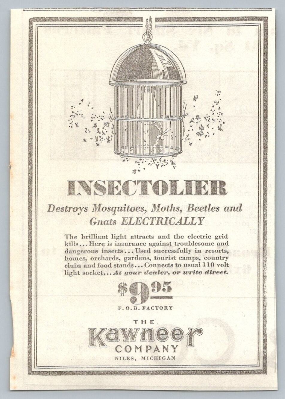 1933 Kawneer Insectolier Electric Bug Zapper Print AD Niles Michigan Ephemera
